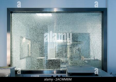 Broken tempered glass window. This strengthened glass window shattered as a result of extreme temperature changes due to the weather. The glass expand Stock Photo