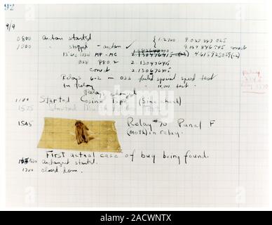 First 'computer bug'. Page from the logbook for the Harvard Mark II computer showing a dead moth (taped to page at lower left) that had been found in Stock Photo