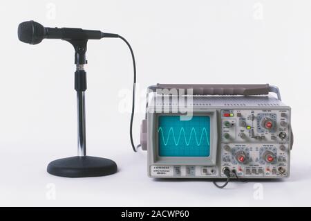 Microphone connected to Oscilloscope. Stock Photo