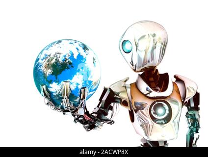 Robot lamenting Earth. Conceptual image of a Hamlet-inspired robot lamenting the demise of the Earth. In a famous scene from the play Hamlet by Englis Stock Photo