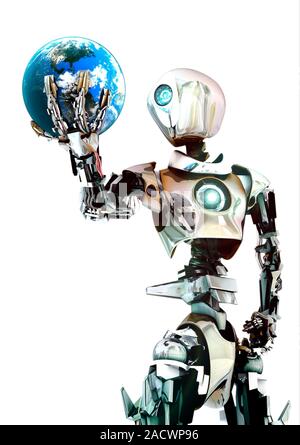 Robot lamenting Earth. Conceptual image of a Hamlet-inspired robot lamenting the demise of the Earth. In a famous scene from the play Hamlet by Englis Stock Photo