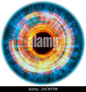 Biometric eye scan. Computer artwork of a human eye being scanned. Biometrics is the identification of individuals by their body parts. The iris, the Stock Photo