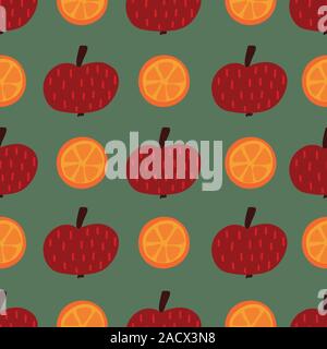 Apples and oranges seamless vector pattern. Hand drawn fruit illustration background. Flat Scandinavian style. Use for kids fabric, home decor Stock Vector