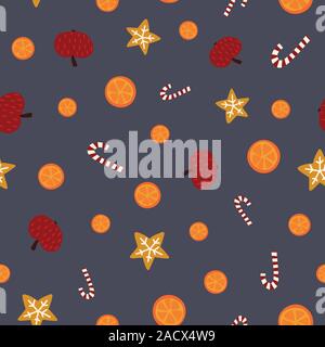 Christmas seamless vector background with apples, oranges, cookies, candy canes. Hand drawn repeating pattern on blue backdrop. Cute Scandinavian flat Stock Vector