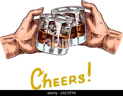 Cheers toast. A glass of whiskey in the hands. Vintage American badge. Alcoholic Label with calligraphic elements. Strong drink. Hand drawn engraved Stock Vector