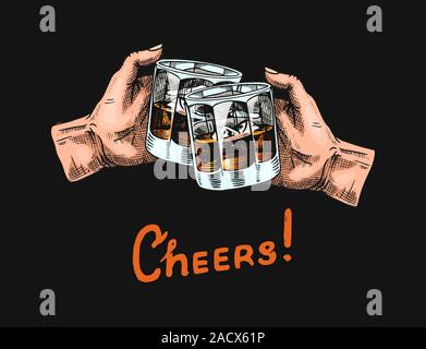 Cheers toast on a black background. A glass of whiskey in the hands. Vintage American badge. Alcoholic Label with calligraphic elements. Hand drawn Stock Vector