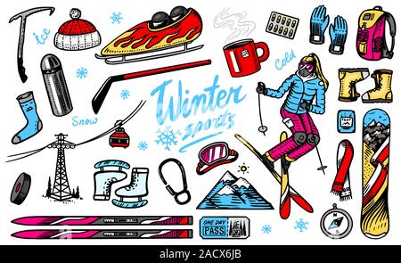 Winter sports season. Vintage Snowboarding and skiing, jumping athlete, mountain cableway, funicular or ropeway, skates, warm clothes for outdoor Stock Vector