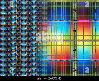 Electronic data storage. On the left a magnetic-core memory array. It uses tiny magnetic toroids (rings), the cores, through which wires are threaded Stock Photo