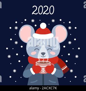 The rat with a cup of tea in winter wear. Mouse with a cocoa standing in snow. The symbol of the Chinese New Year 2020. Greeting card with a mouse for Stock Vector