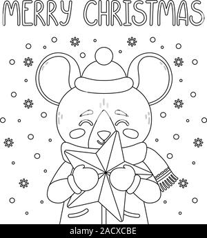 The rat with a star. Greeting card with a mouse for the Christmas. Vector illustration with cute character. Merry Christmas hand drawn lettering quote Stock Vector