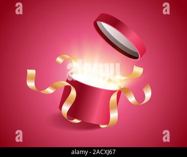 Red round opened 3d realistic gift box with magical shining glow and golden ribbons flying off cover, place for your text vector illustration Stock Vector