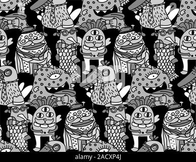 Group fashion aliens different freaks grayscale seamless pattern. Black and white vector illustration EPS8 Stock Vector