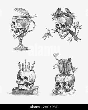 Human skull. Retro old school sketch for tattoo in vintage style.  Monochrome wine goblet, cactus and birds. Hand drawn engraved retro badge  for t Stock Vector Image & Art - Alamy
