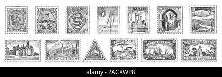Vintage Postage Stamps Set Ancient Landscapes Stock Vector
