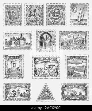 Vintage Postage stamps set. Ancient landscapes, dragon and sailing ship. Retro old Sketch. Monochrome Postcard. Hand drawn engraved retro mark, frames Stock Vector