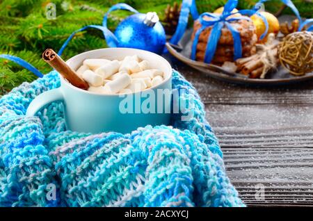 Christmas background of blue hot chocolate mug with marshmallows in knitted scarf, spruce branch and tray with gingerbread cookies on wooden table Stock Photo