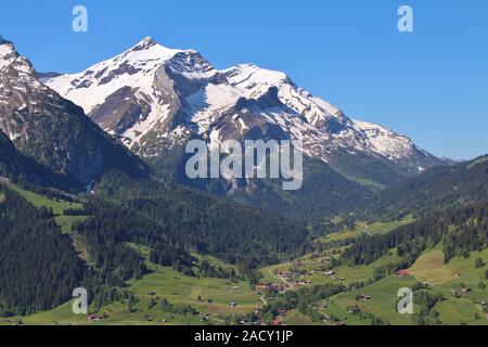 Snow capped Mt Oldenhorn, spring scene in the Swiss Alps Stock Photo