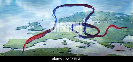 European ebola epidemic, conceptual computer artwork. Ebola virus (red and blue) is the cause of ebola virus disease in humans and nonhuman primates. Stock Photo
