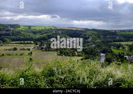 View over the Saaletal to the Rudelsburg Castle and Saaleck Castle near Saaleck from the Kingdom of Heaven, on the Romanesque Ro Stock Photo