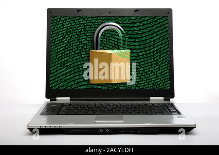 Secure laptop computer. Conceptual image of a padlock and binary code on a laptop computer screen, representing the need to keep such systems secure a Stock Photo