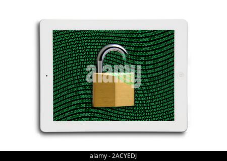 Secure tablet computer. Conceptual image of a padlock and binary code on a laptop computer screen, representing the need to keep such systems secure a Stock Photo