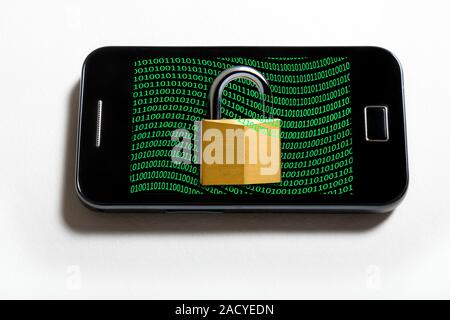 Secure mobile phone. Conceptual image of a padlock and binary code on a mobile phone screen, representing the need to keep such systems secure against Stock Photo
