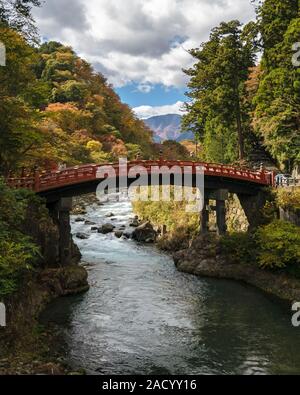 Nikko sacred Shinkyo Bridge is one of the most iconic landmarks of Nikko - Japanese town 2 hours by train from Tokyo and one of the UNESCO World Heri Stock Photo