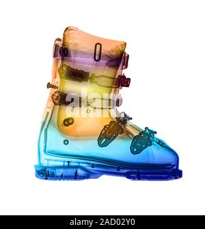 Coloured X-ray of a ski boot with an inner thermal lining. Stock Photo