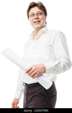Contractor wearing suit holding blueprints Stock Photo