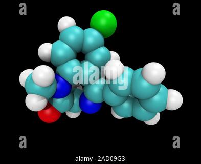 Molecular model of diazepam. Atoms are represented as spheres and are colour-coded: carbon (turquoise), hydrogen (white), nitrogen (blue), oxygen (red Stock Photo