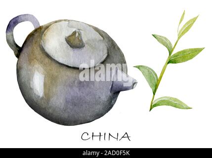 Waterecolor tea pot icon service, teaset, iron, leaf, closeup Stock Photo