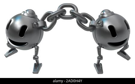 Ball robot happy cartoon characters with chain linking two, 3d illustration, horizontal, isolated Stock Photo