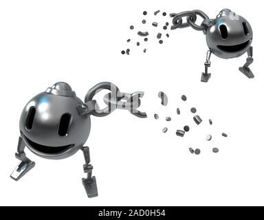 Ball robot happy cartoon character with chain breaking, 3d illustration, horizontal, isolated Stock Photo