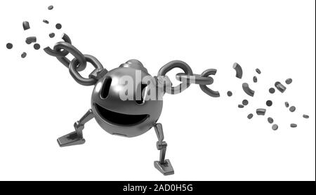 Ball robot happy cartoon character with chain breaking away, 3d illustration, horizontal, isolated Stock Photo