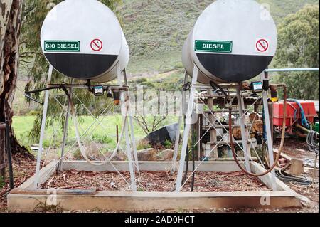 Fuel tanks on a farm. Tanks containing biodiesel (left) and normal diesel (right) on an organic fruit farm. Photographed in Robertson, Western Cape, S Stock Photo