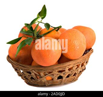 Tangerines in basket isolated on white background Stock Photo