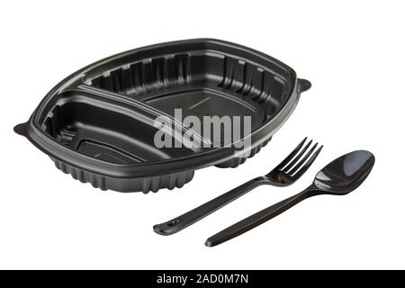 Black Plastic food container with spoon and fork isolated on white background Stock Photo