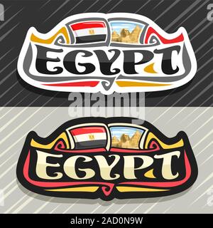 Vector logo for Egypt country, fridge magnet with egyptian state flag, original brush typeface for word egypt and national egyptian symbol - pyramids Stock Vector