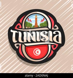 Vector logo for Tunisia country, fridge magnet with tunisian state flag, original brush typeface for word tunisia and national tunisian symbol - clock Stock Vector