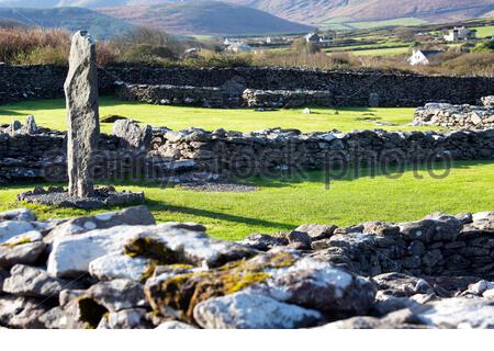 The remains of a monastic settlement at Reask near Ballyferriter in Kerry Ireland Stock Photo