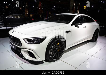 BRUSSELS - JAN 18, 2019: Mercedes-AMG GT 63 S sports car showcased at the Brussels Autosalon 2019 Motor Show. Stock Photo