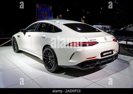 BRUSSELS - JAN 18, 2019: Mercedes-AMG GT 63 S sports car showcased at the Brussels Autosalon 2019 Motor Show. Stock Photo