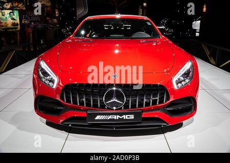 BRUSSELS - JAN 18, 2019: Mercedes-AMG GT C Roadster sports car  showcased at the Brussels Autosalon 2019 Motor Show. Stock Photo