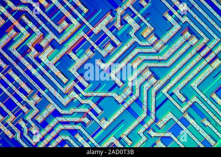 Computer microprocessor chip. Light micrograph of a detail of a microprocessor chip on a silicon wafer. Horizontal object size of this section: 0.6 mm Stock Photo