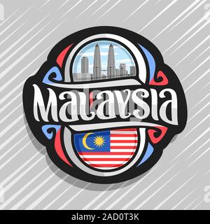 Vector logo for Malaysia country, fridge magnet with malaysian state flag, original brush typeface for word malaysia and national malaysian symbol - P Stock Vector