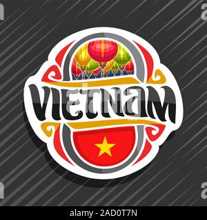 Vector logo for Vietnam country, fridge magnet with vietnamese state flag, original brush typeface for word vietnam and national vietnamese symbol - c Stock Vector