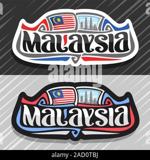 Vector logo for Malaysia country, fridge magnet with malaysian state flag, original brush typeface for word malaysia and national malaysian symbol - P Stock Vector