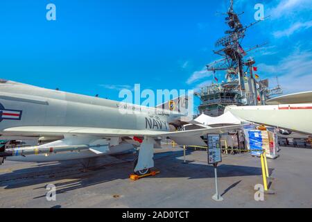 San Diego, Navy Pier, California, UNITED STATES - August 1, 2018: NAVY jet fighter of the battleship Midway at San Diego memorial site. National Stock Photo