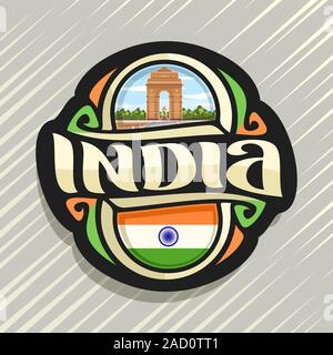 Vector logo for India country, fridge magnet with indian state flag for independence day, original brush typeface for word india and national indian s Stock Vector