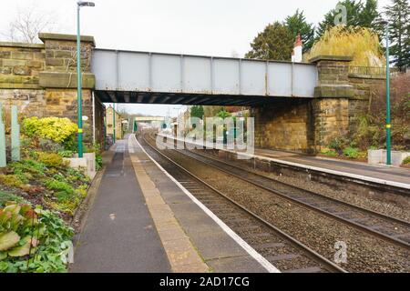 Chirk rural railway station tracks and platform on the main line between Chester and Shrewsbury in North East Wales Stock Photo